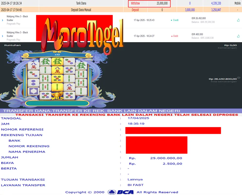 Bukti Kemenangan Permainan Slot Mahjong Wins 3 Di Situs MOROTOGEL Untuk Akun Kimxxx