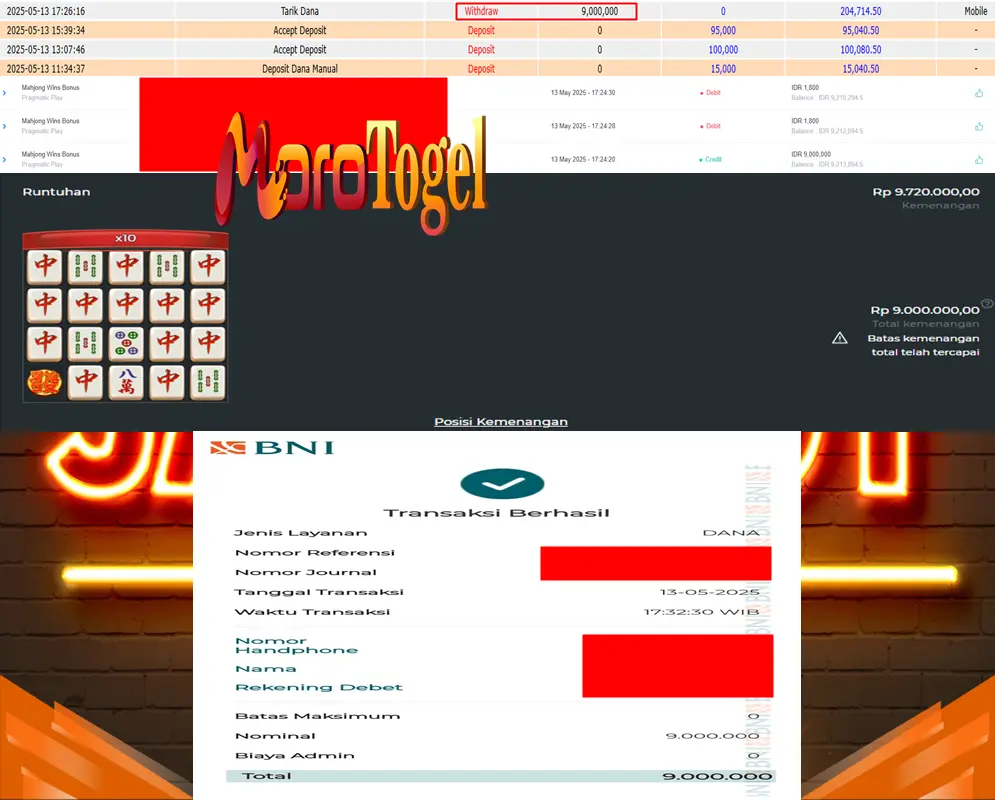 Bukti Kemenangan Permainan Slot Mahjong Wins Bonus Di Situs MOROTOGEL Untuk Akun Samxxx