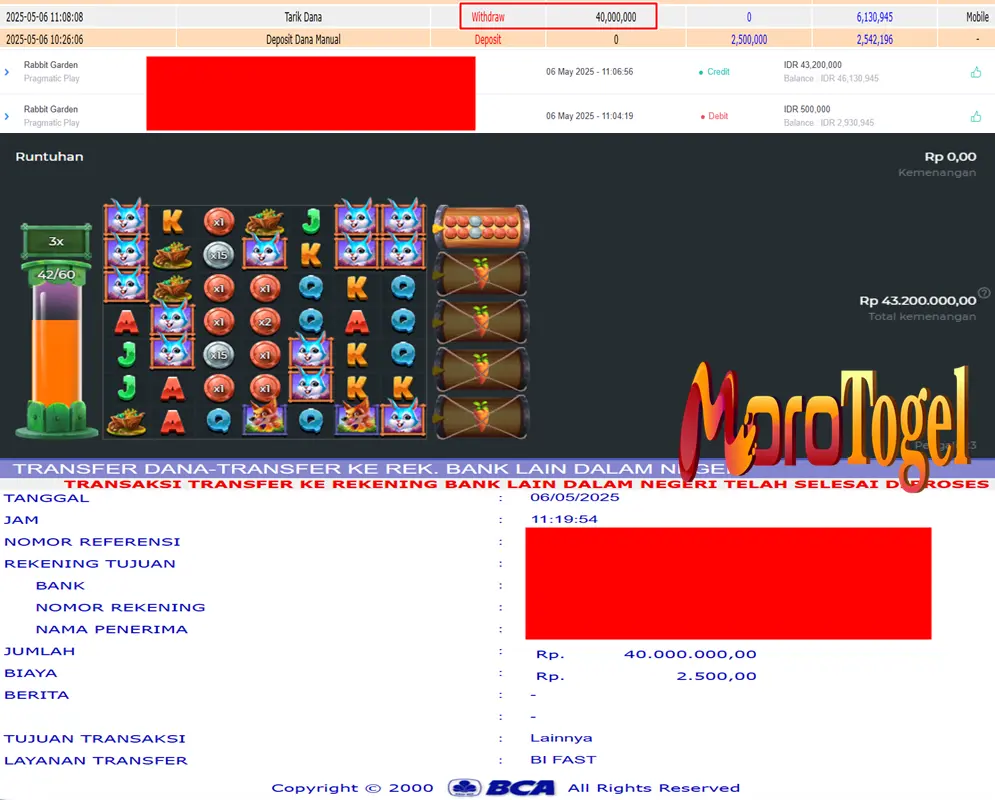 Bukti Kemenangan Permainan Slot Rabbit Garden Di Situs MOROTOGEL Untuk Akun Gordxxx