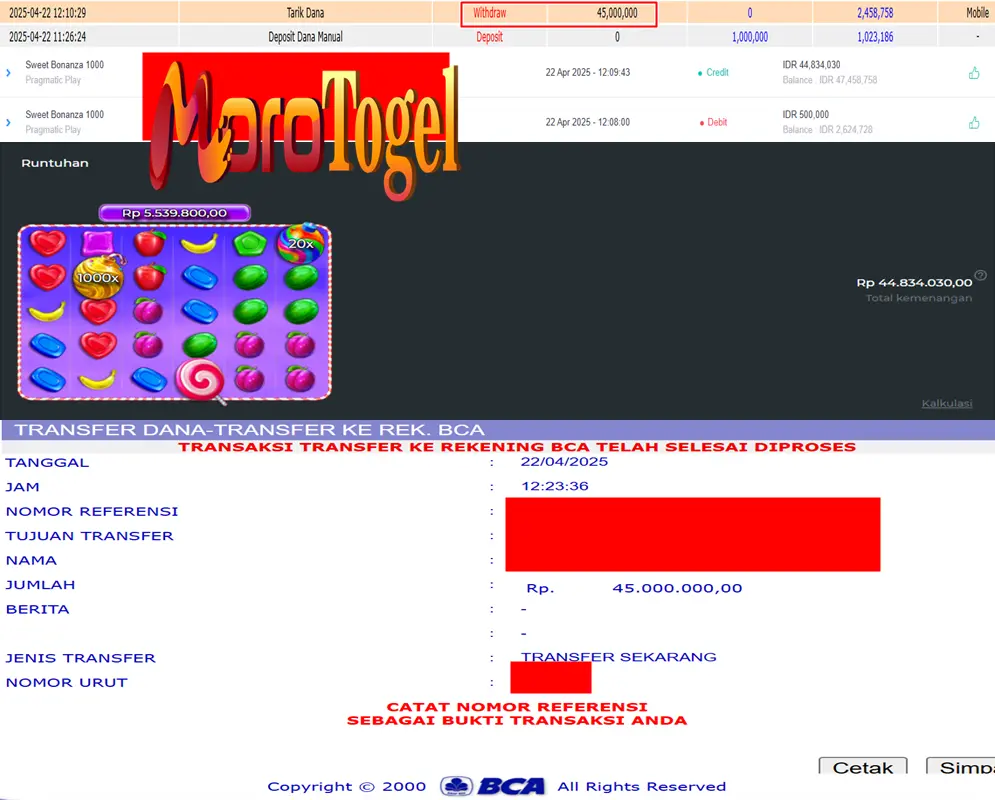 Bukti Kemenangan Permainan Slot Sweet Bonanza 1000 Di Situs MOROTOGEL Untuk Akun Kivxxx