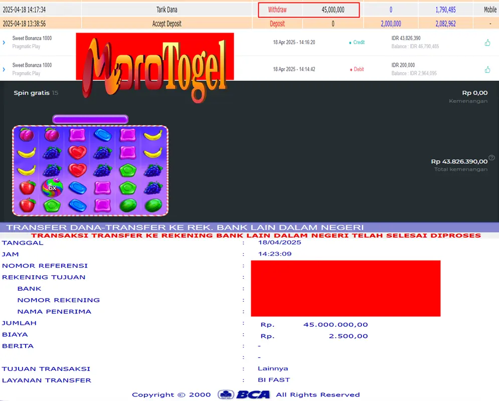 Bukti Kemenangan Permainan Slot Sweet Bonanza 1000 Di Situs MOROTOGEL Untuk Akun Wegxxx