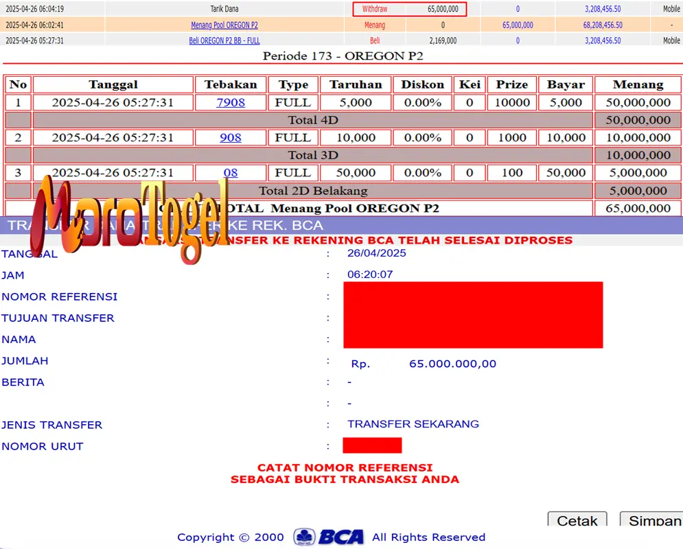 Bukti Kemenangan Permainan Togel Pasaran Oregon P2 Di Situs MOROTOGEL Untuk Akun Tiuxxxx