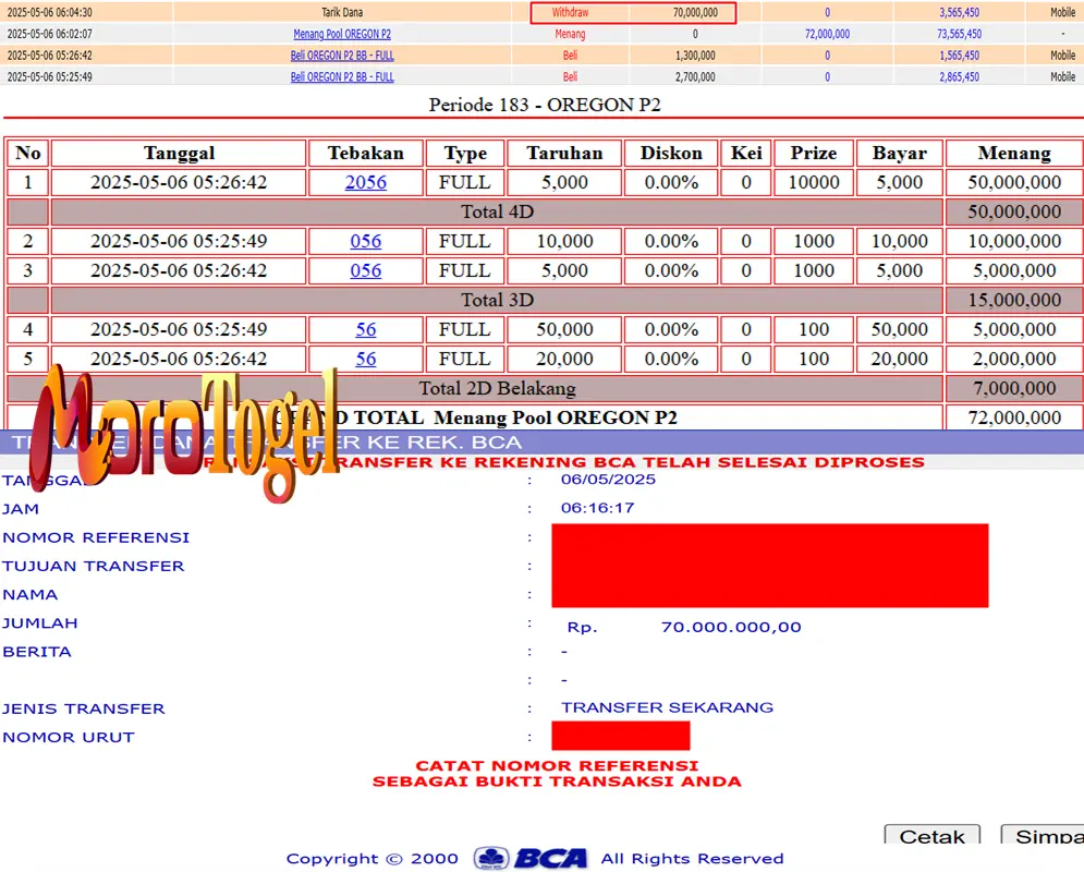 Bukti Kemenangan Permainan Togel Pasaran Oregon P2 Di Situs MOROTOGEL Untuk Akun Yukxx68
