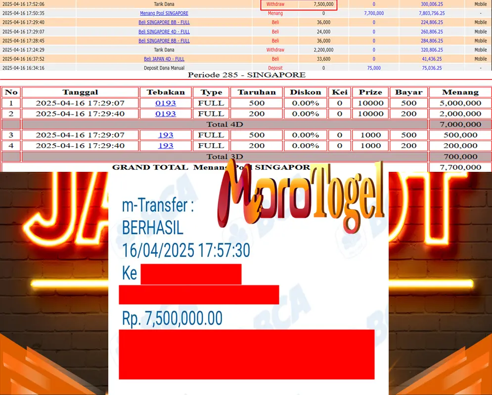 Bukti Kemenangan Permainan Togel Pasaran Singapore Di Situs MOROTOGEL Untuk Akun Agayxxxx