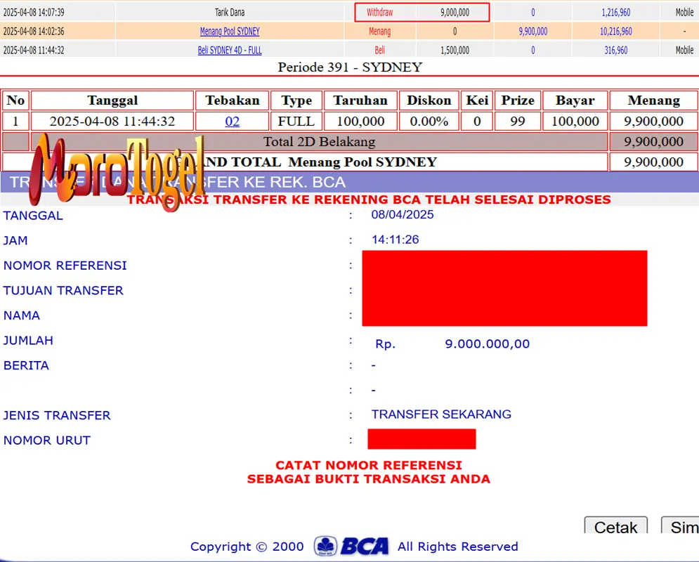 Bukti Kemenangan Permainan Togel Pasaran Sydneylotto Di Situs MOROTOGEL Untuk Akun Wanxxxx
