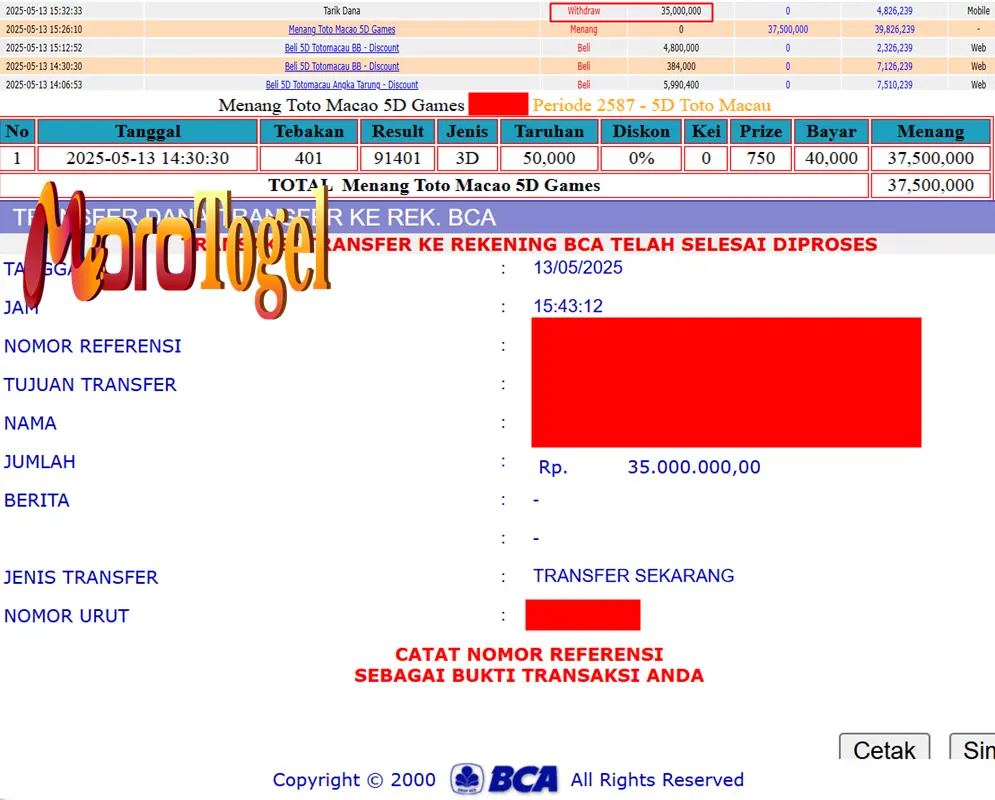 Bukti Kemenangan Permainan Togel Pasaran Totomacau 5D Di Situs MOROTOGEL Untuk Akun Kwxxxx