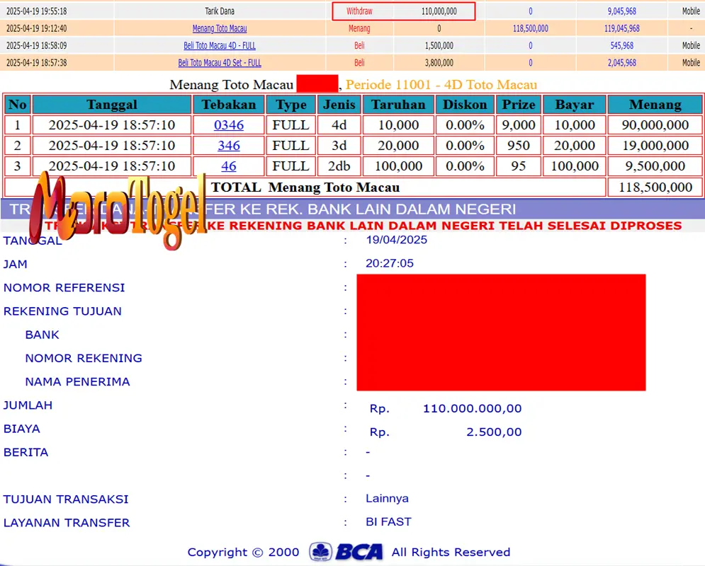 Bukti Kemenangan Permainan Togel Pasaran Totomacau P3 Di Situs MOROTOGEL Untuk Akun Imxxx