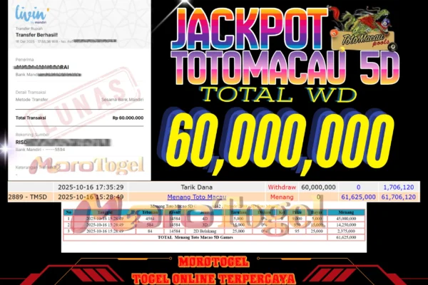 Bukti Kemenangan Permainan Togel Pasaran Toto Macau 5D Di Situs MOROTOGEL Untuk Akun anxxx42